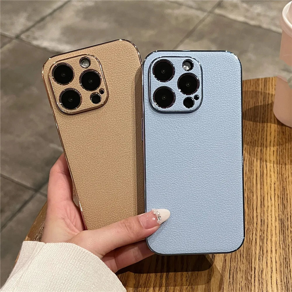 LuxeGuard Retro Lambskin Leather iPhone Case - Shockproof Bumper with Lens Protection for All Models 11-17
