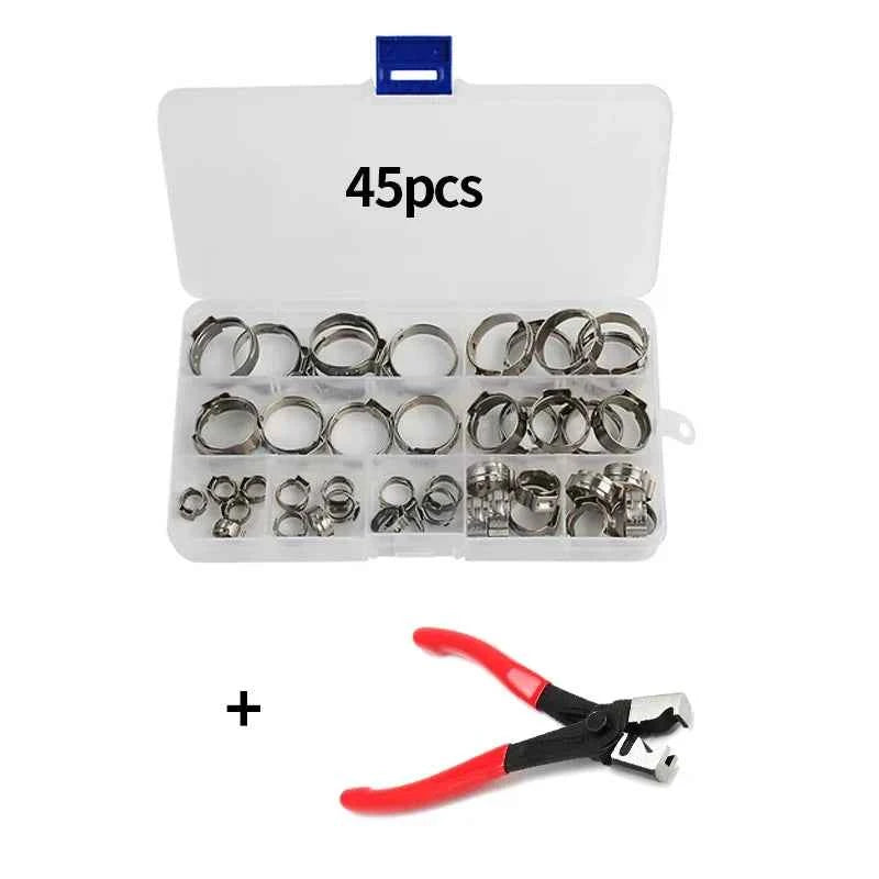 45/80/130pcs Stainless Steel Ear Clamps, Worm Drive Hose Clips, Fuel & Water Pipe Clamps + 1pc Clamp Pliers
