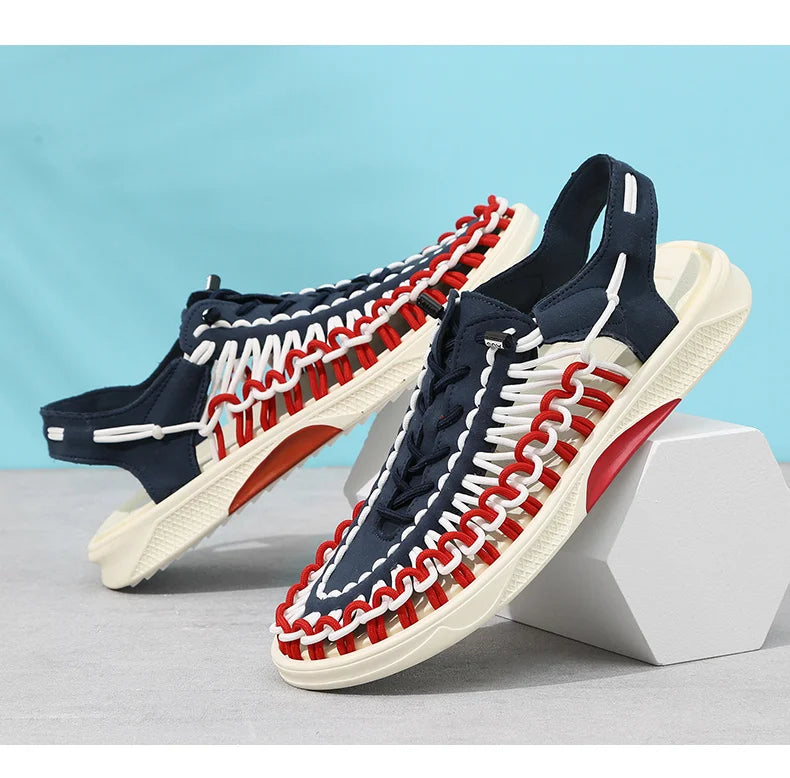 2023 Summer Men's  Sandals Lace Up Hand Woven Sandals Thick Soled Soft Non Slip Casual Shoes High Quality Couple Beach Shoes