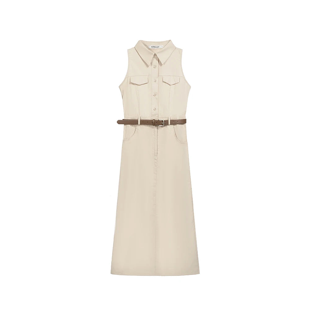 Elegant Moments Spring Summer Sleeveless Office Dress - Chic Turn-down Collar for Effortless Style at Evening Parties