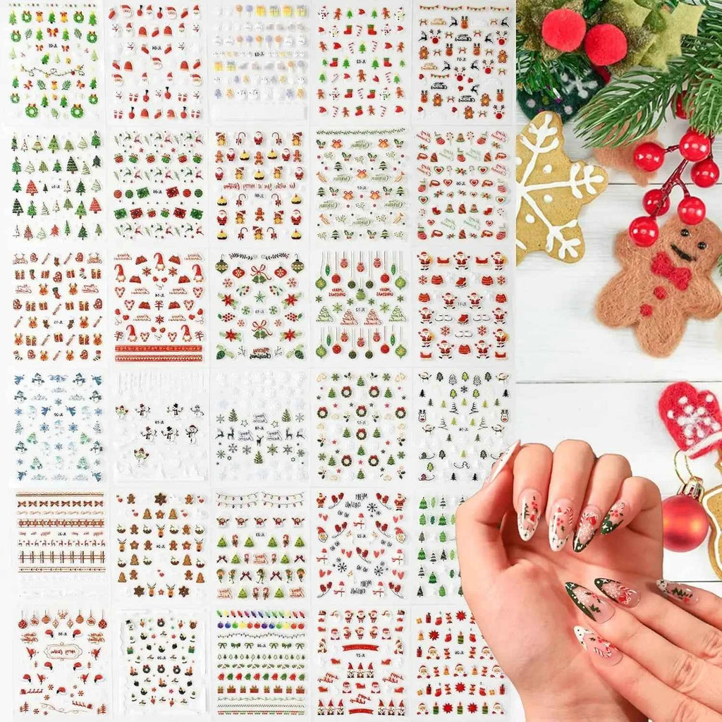 Festive Nail Art Stickers – 30pcs Glitter Christmas Designs with Snowmen, Elks, Santa, and Candy Canes for Winter Manicure