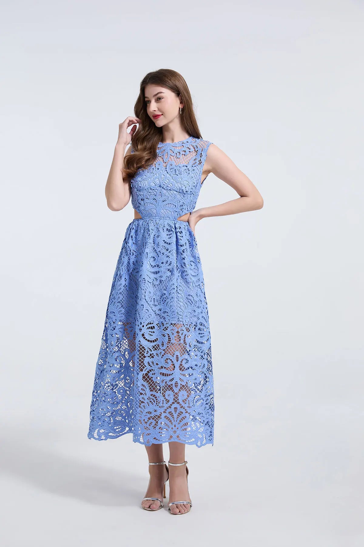 Women's Lace Embroidery Evening Dress – Elegant Midi Party Dress