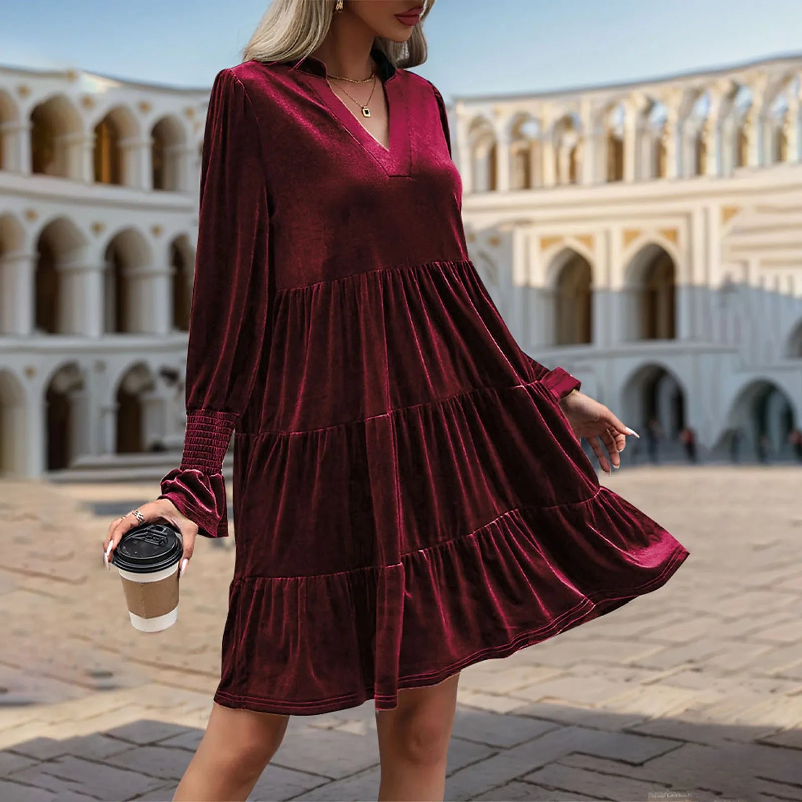 Elegant Vogue Velvet Midi Dress - Long Sleeve V-Neck, High Waist, Chic Style for Evening Parties & Christmas Celebrations