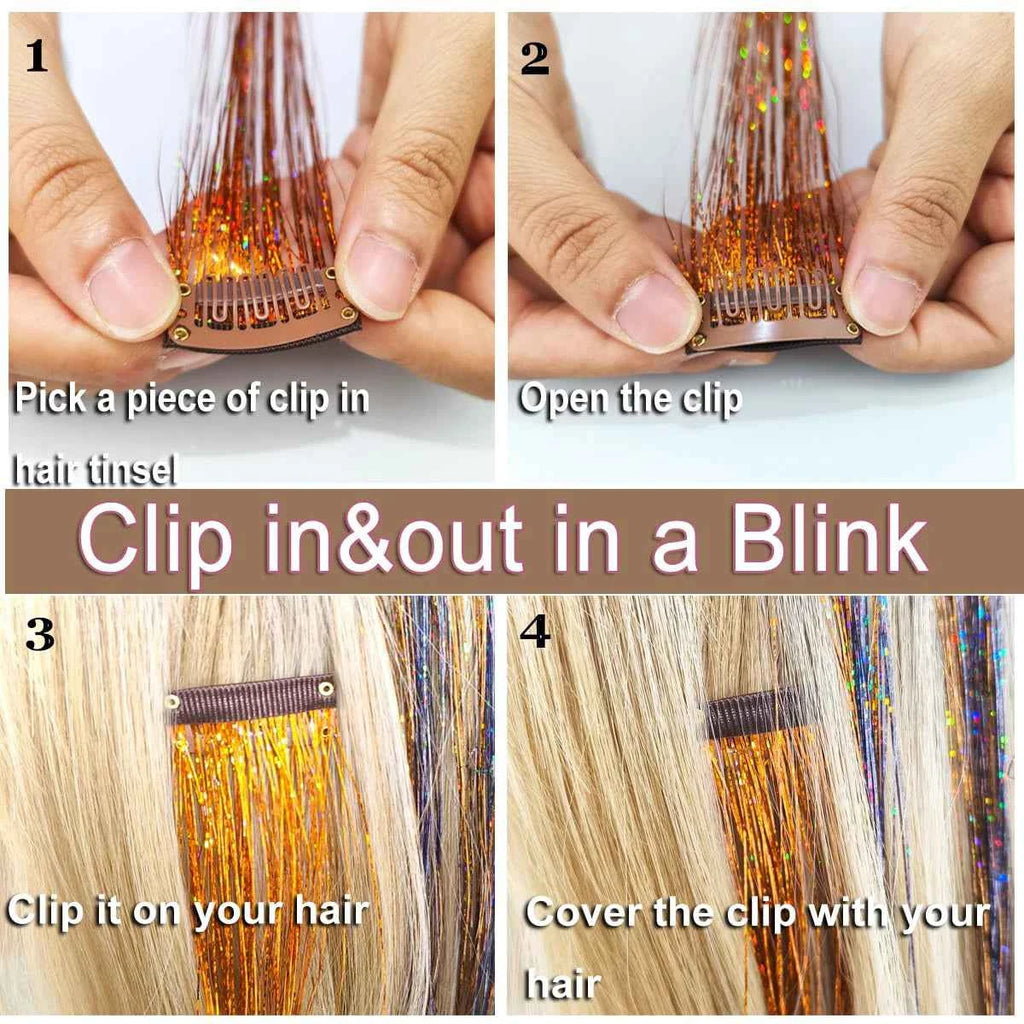 Sparkle & Shine Hair Tinsel Clips - 4 Colorful, Heat-Resistant Glitter Extensions for Festivals & Parties
