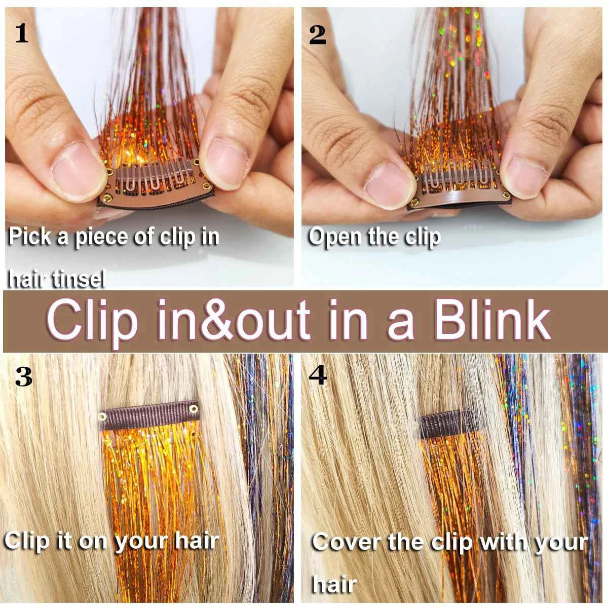 Sparkle & Shine Hair Tinsel Clips - 4 Colorful, Heat-Resistant Glitter Extensions for Festivals & Parties