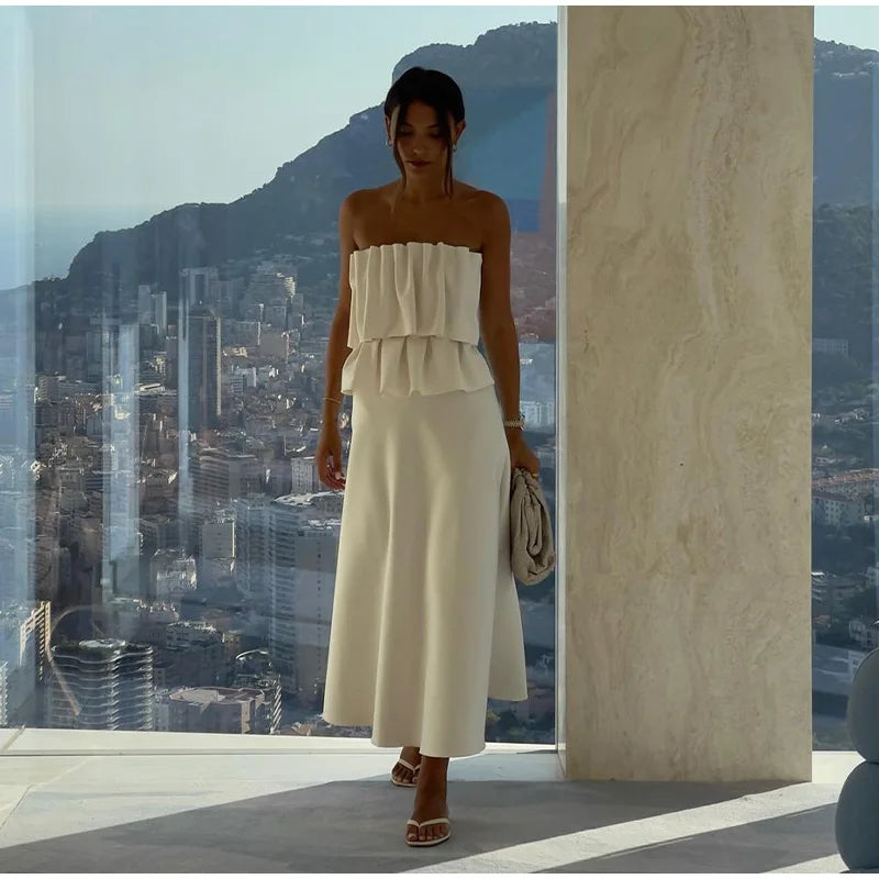 Elegant Pleated Sleeveless Long Dress Women White Slim Tube Party Dresses Female 2026 Spring New Fashion Street Maxi Robes