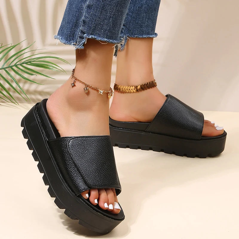 Rimocy Black PU Leather Platform Slippers Women Plus Size 43 Thick Soled Sandals Woman 2025 Summer Non-slip Slides Shoes Female