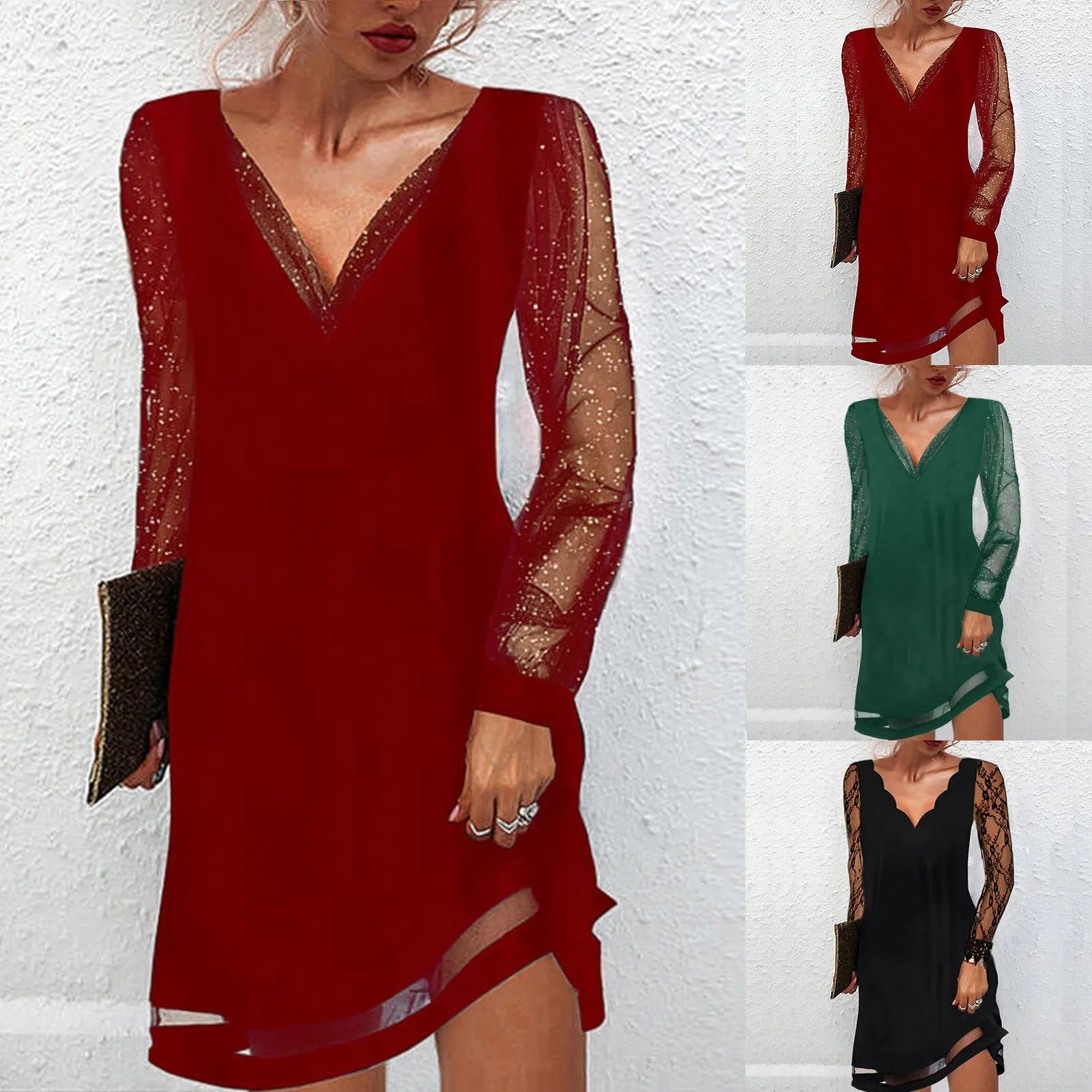 LuxeVibe V-Neck Lace Splice Dress - Knee Length, Ruffle Detail, Long Sleeve, Effortlessly Chic & Comfortable