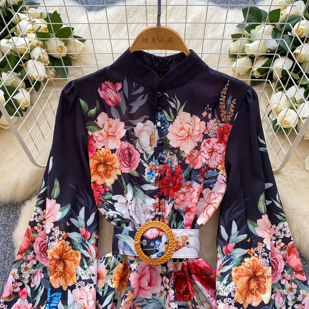 France Elegant Vintage Palace Evening Dress Women Sashes Button Print Short Party Dress Female Casual Chic Festival Clothing New