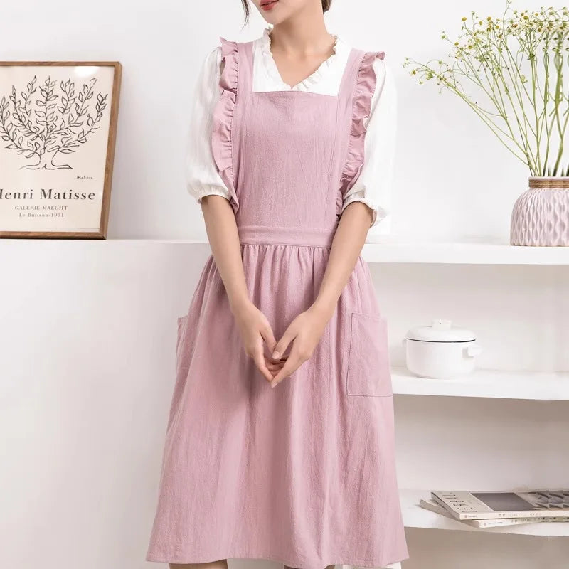 Cross Back Apron Kitchen Apron Ruffled with Pockets for Chef Gardening Pink Work Women with Big Pinafore Dress Cooking Baking