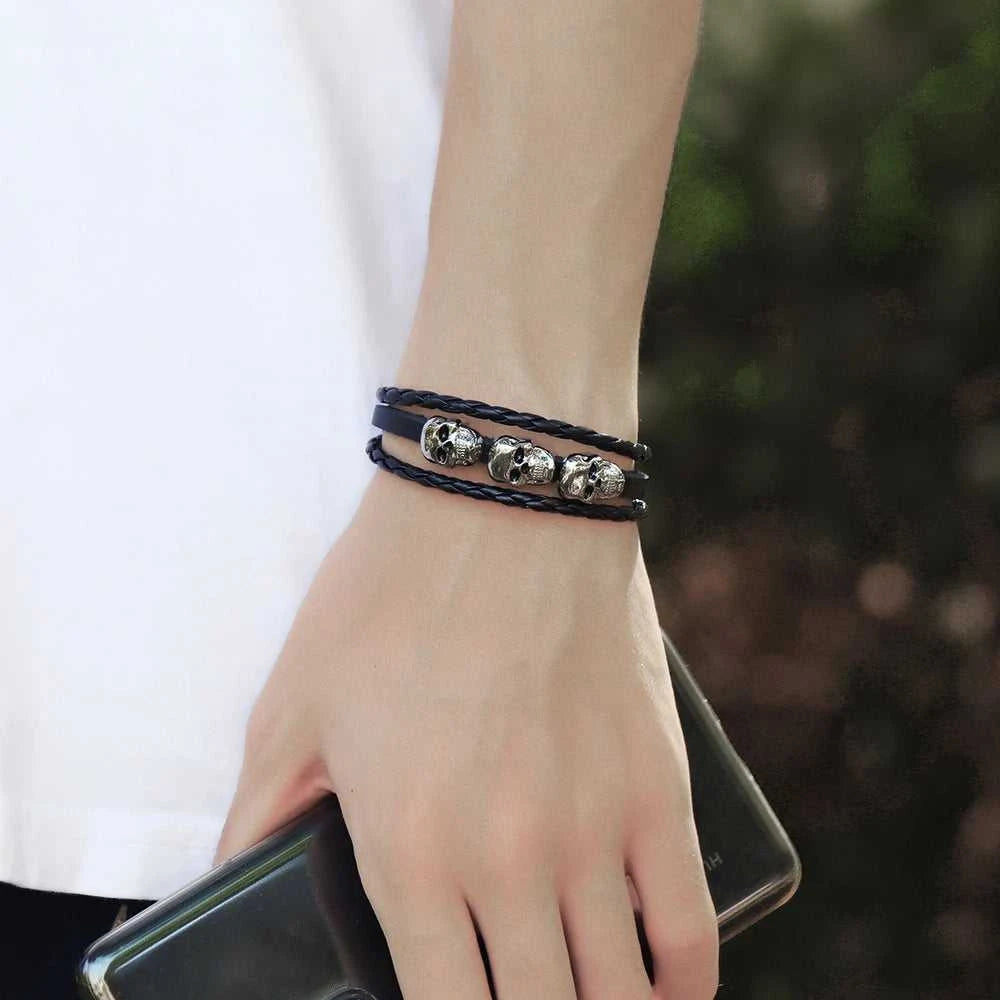 Cool Skeleton Skull Leather Bracelet Men's Stainless Steel Punk Rock Gothic Charm Woven Multilayer Bracelet Men's Jewelry Gift The jack market .AU The jack market .AU Jewellery & Chains $ 47 200001034:5740#black