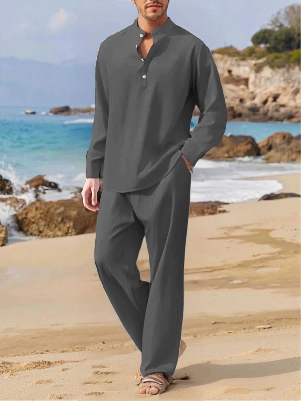 Men's Fall Casual Outfits Solid Color Henley Collar Long Sleeve Tops with Elastic Waist Pants Long Sleeve Pants Shirt Suit The jack market .AU The jack market .AU Men Fashion $ 47 14:193#Black;5:100014064