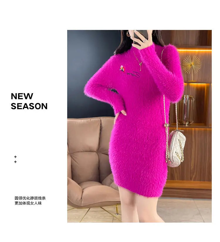 Imitation Mink Fleece Autumn Winter New Plush Slim Sweater Dress Solid Half High Neck Mid Length Embroidered Knit Bottom Dresses