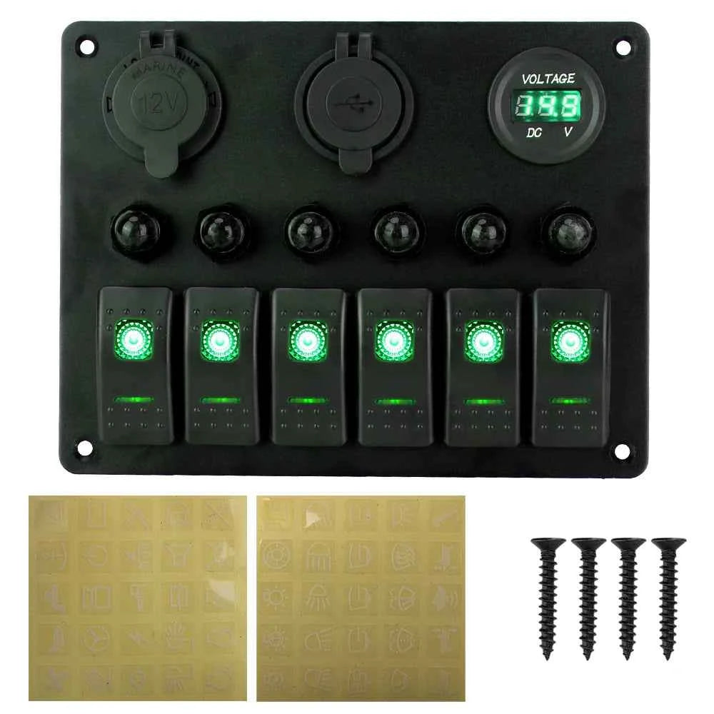 12V 24V 6 Buttons Car Switch Panel 15A Fuse Marine Circuit Breaker Voltmeter Tester Light Toggle USB Chargers 3.0 Auto Splitter
