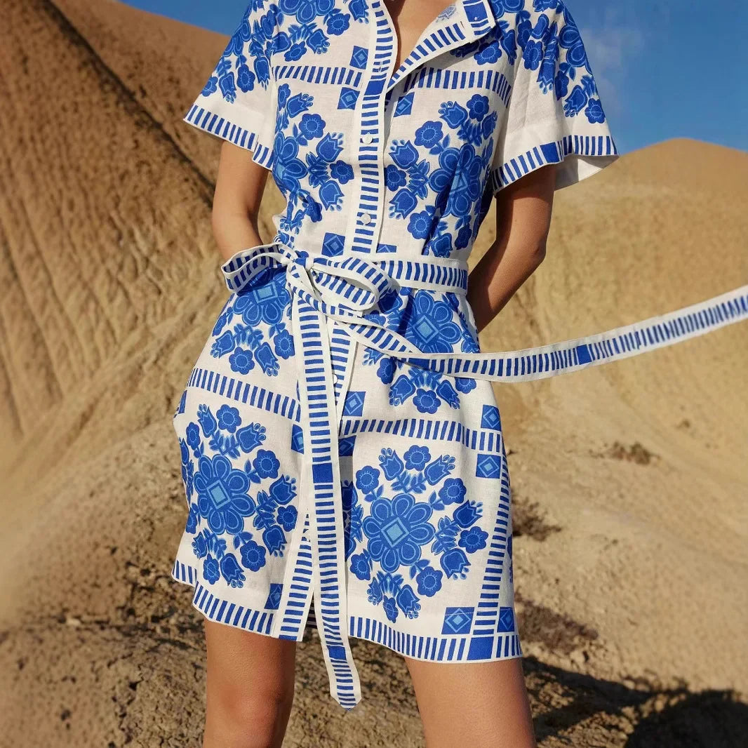 Fashionable Printed Belted Casual Women's Dress Summer Style Cross-Border Clothing Elegant Simple Design Maxi Length Gown