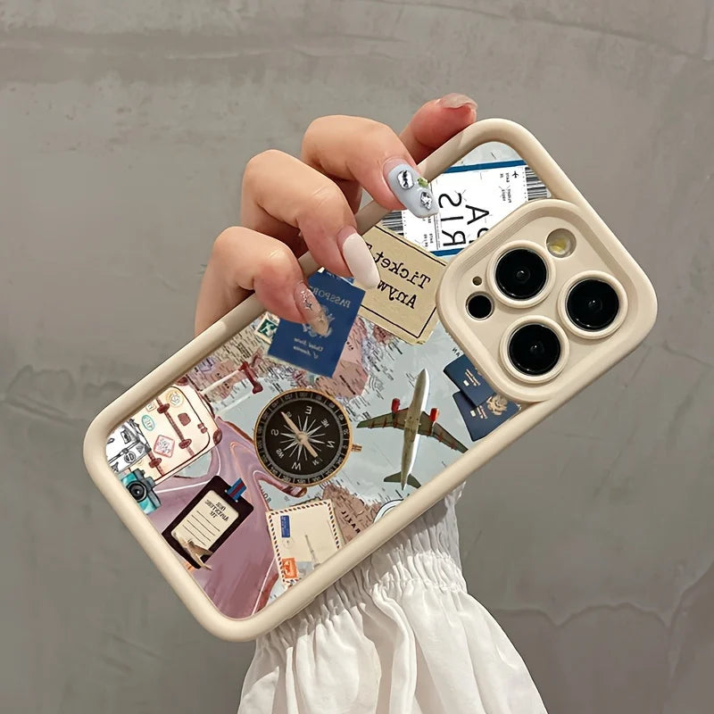 Airplane Map Plain Case for iPhone 16 E 15 14 13 12 Mini 11 Pro Max XS X 8 7 Plus SE Liquid Soft Silicone Shockproof Back Cover
