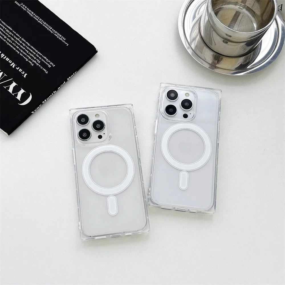 Luxury 2 in 1 Square Magnetic Wireless Charging Case for iPhone 16 Pro Max 12 13 Pro 14 15 16 Plus Transparent Clear Rugged Case