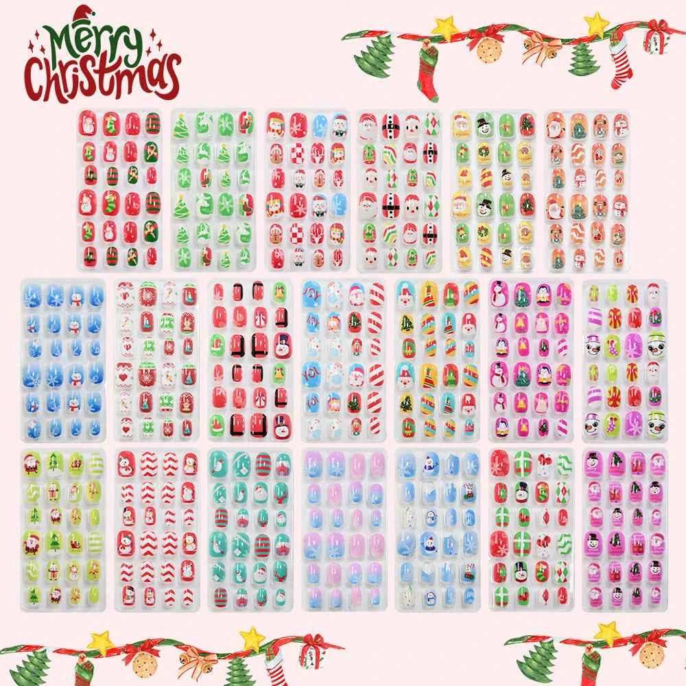 24pcs Princess Girls Christmas Press On Nails Candy Color Kawaii Christmas Tree Snowman False Nails New Year Children Fasle Nail
