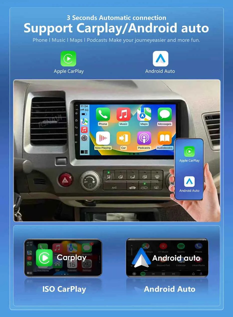 Android 15 Car radio For Honda Civic 8th 2005-2011 Carplay Android auto Qualcomm Car stereo Multimedia player 4G wifi 48EQ 2 din