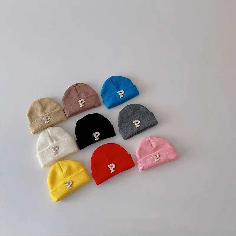 Autumn Winter Baby Knitted Hat Solid Color P Letter Infant Boy Girl Beanie Cap Casual Warm Toddler Crochet Bonnet Hat