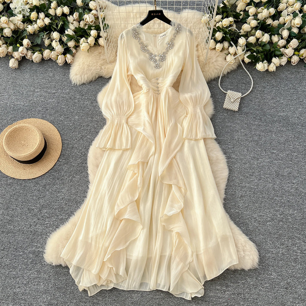 Spring Autumn Women Party Long Dress Elegant Female Red/Purple/Beige/Black Diamonds Patchwork Ruffle A-Line Maxi Vestidos New