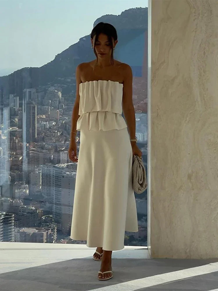 Elegant Pleated Sleeveless Long Dress Women White Slim Tube Party Dresses Female 2026 Spring New Fashion Street Maxi Robes
