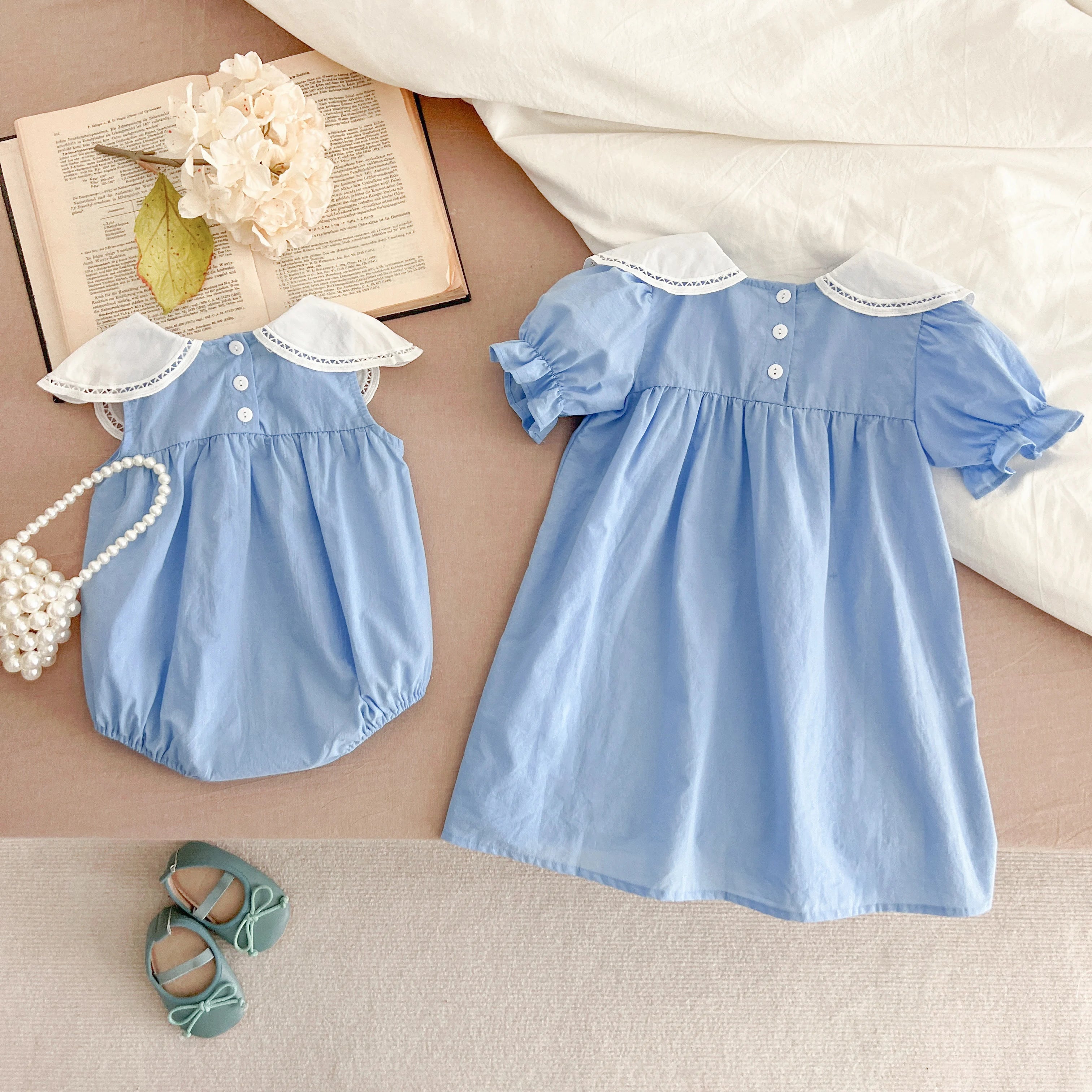 Sisters Dress Summer Kids Princess Dresses Short Sleeved Cotton Solid Color Splicing Infant Baby Romper Baby Girl Party Dress