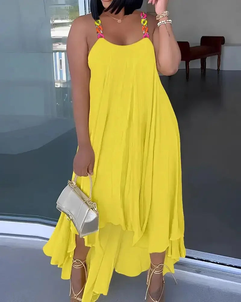 2025 Best Quality Famous Brand Dress Solid Spaghetti Strap Summer Casual Maxi Dress Vestido