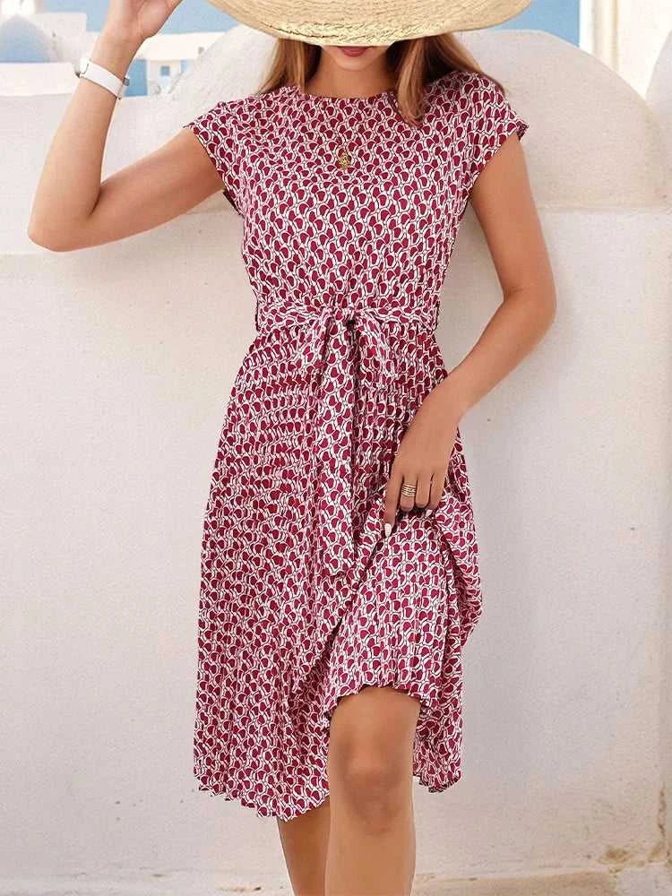 Msfilia Summer Print Pleated A Line Long Dress Women Short Sleeve High Waist Spring Round Neck Chic Dress with Belt The jack market .AU The jack market .AU Woman Fashion $ 88 14:200004870#Flower NavyBlue;5:100014065