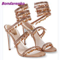 Newest Rhinestone Serpentine Sandals Women Shoes Open Toe Solid Hollow Stiletto Heel Sandal Slip On Summer Party Dress Sexy Shoe