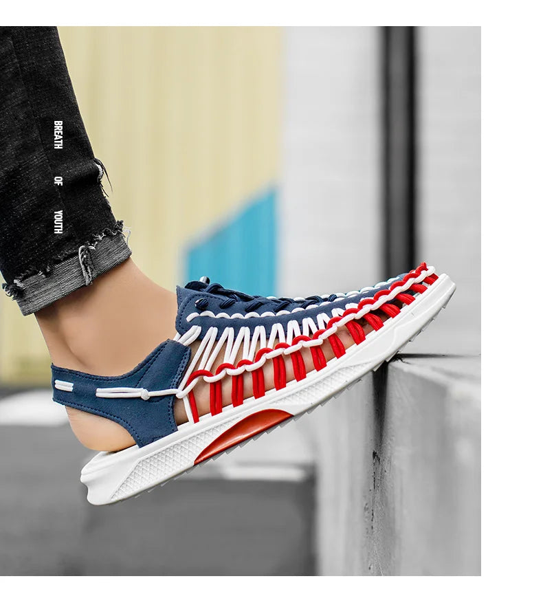 2023 Summer Men's  Sandals Lace Up Hand Woven Sandals Thick Soled Soft Non Slip Casual Shoes High Quality Couple Beach Shoes
