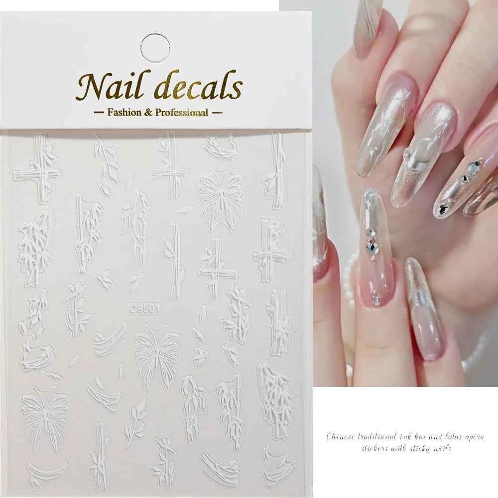 1pcs 3D White Hibiscus Flowers Nail Stickers Holographic Silver Gold Tropical Petal Slider For Nails French Manicure Decoration