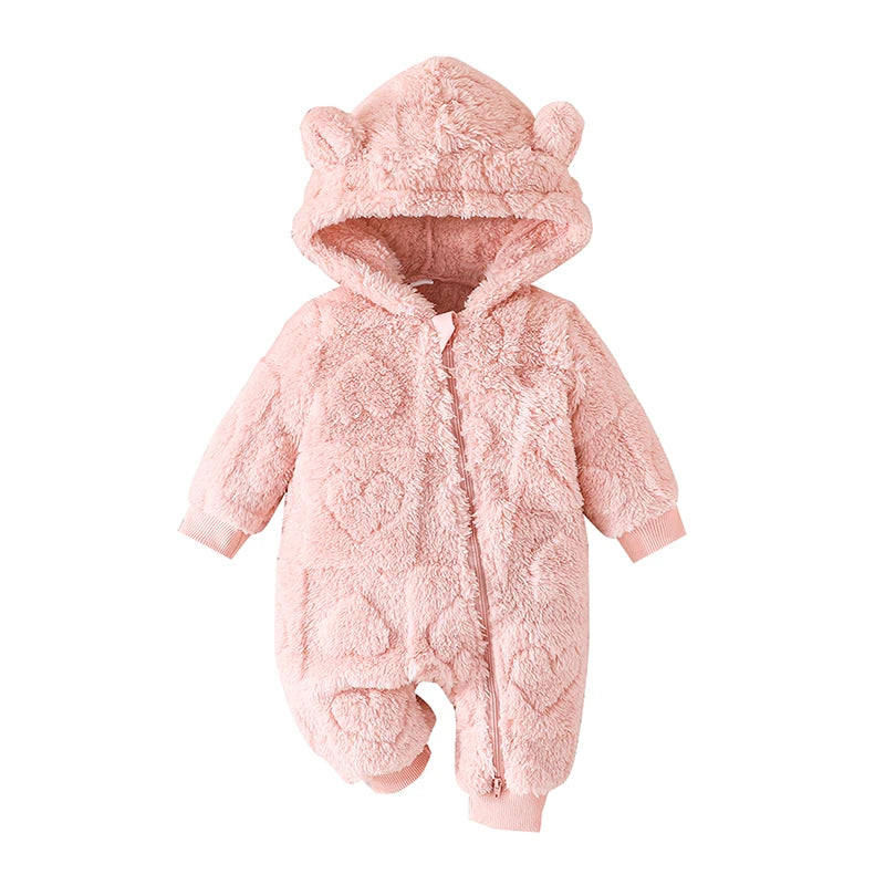 Pudcoco Baby Girls Winter Romper Solid Color Plush Hooded Long Sleeve Jumpsuits for Newborn Infant Toddler Fashion Clothes