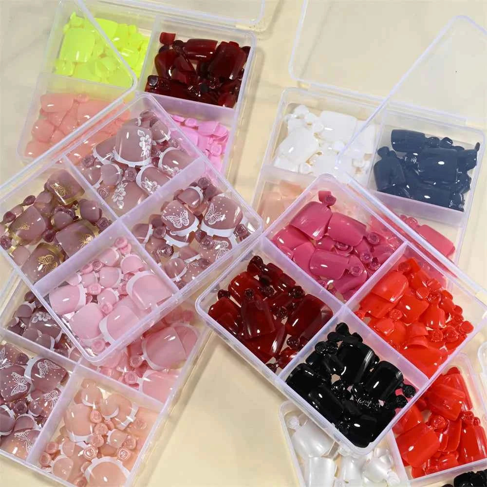 GlamNails Glossy Short-Square Press-On Toenails - 96 Pcs in 4 Stunning Colors: Nude, Pink, Brown
