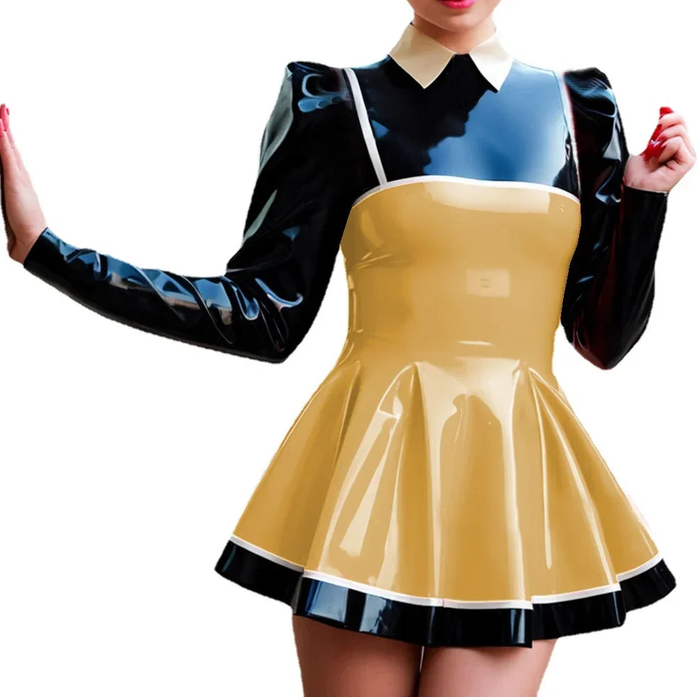 Curvy Couture Plus Size A-Line Patchwork Mini Dress - Long Puff Sleeves, PVC Leather for Night Out Style
