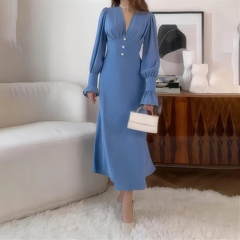 Women's Elegant Deep V-neck Chiffon Party Dress Casual Lantern Sleeves Solid Waist Slim Long Dress Fashion Draped Evening Dress