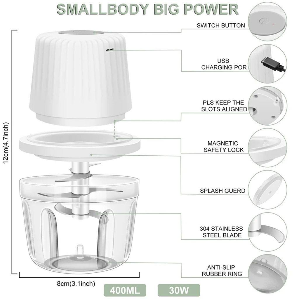 ABQR 400ML Electric Garlic Chopper, 6 Blades Garlic Grinder Mini , USB Portable Veggie Chopper,Garlic Mincer