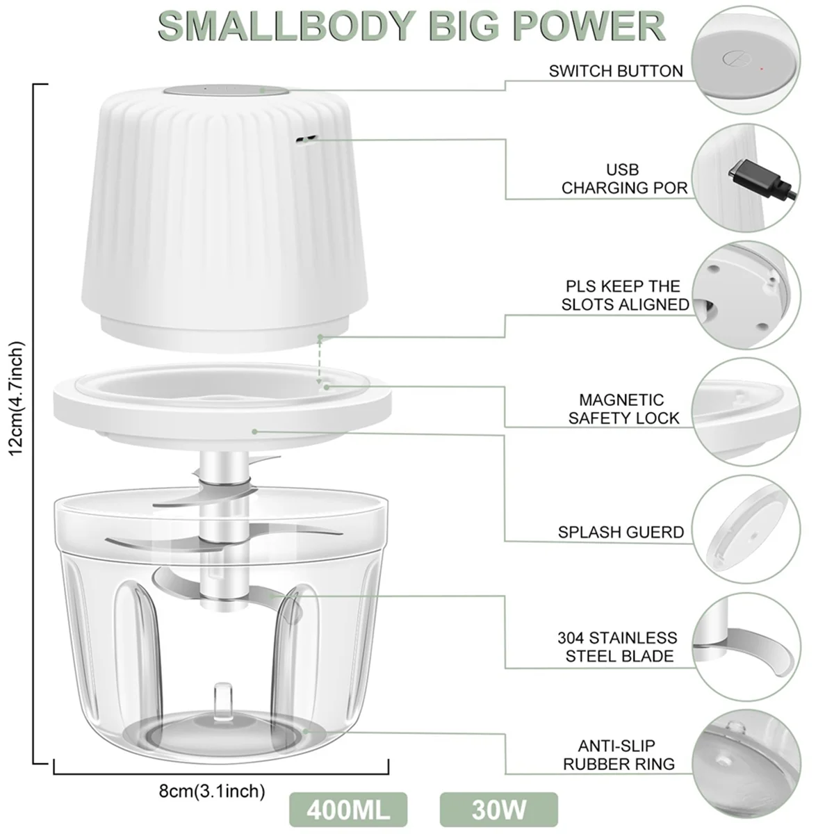 ABQR 400ML Electric Garlic Chopper, 6 Blades Garlic Grinder Mini , USB Portable Veggie Chopper,Garlic Mincer