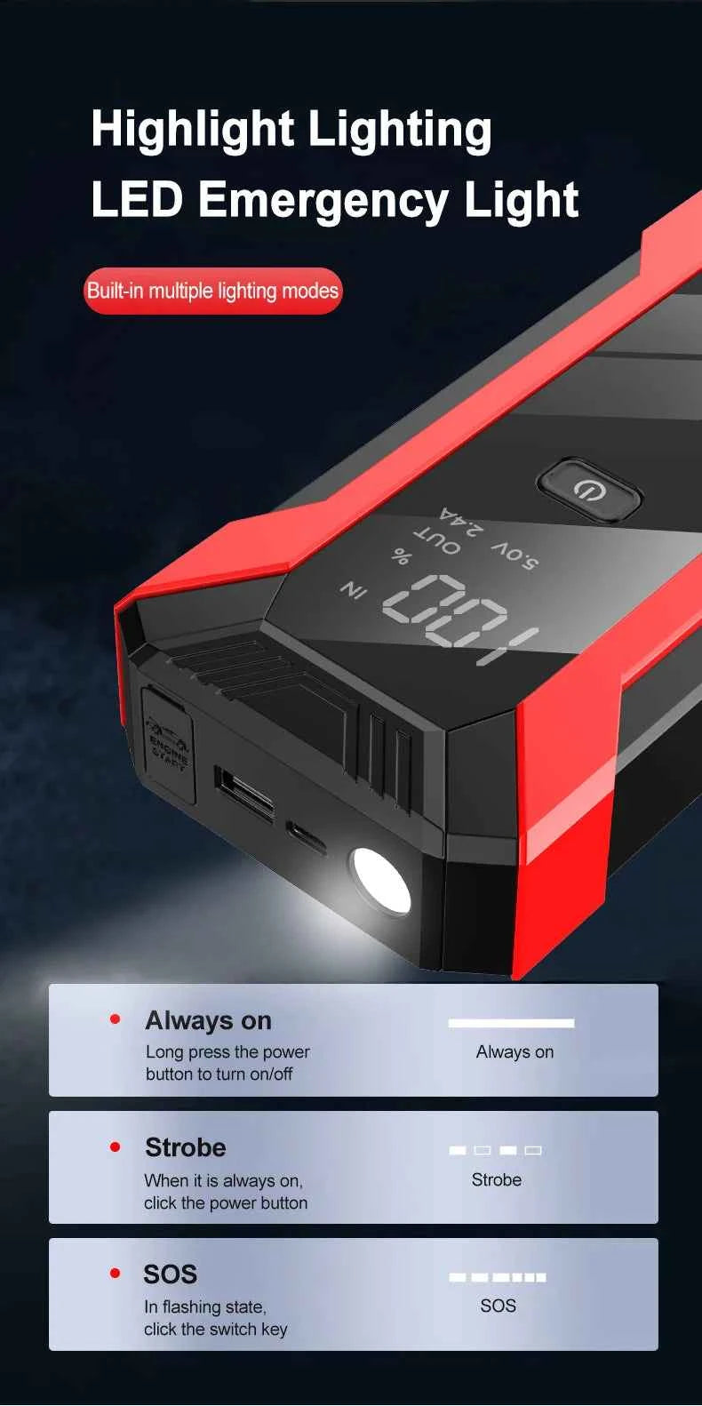 2000A Car Jump Starter Power Bank 12V Output Portable Emergency Start-up Charger 1000A for Cars Booster Battery Starting Device