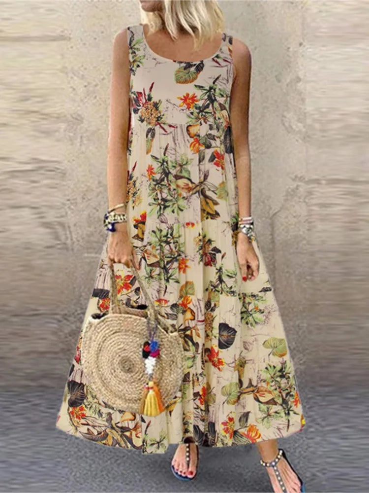 Women's Floral Boho Midi Dress – Loose Sleeveless Summer Dress