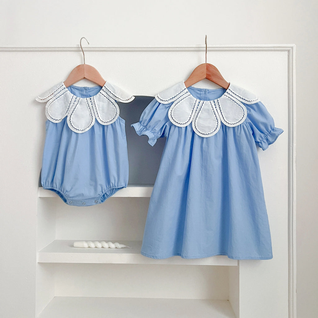 Sisters Dress Summer Kids Princess Dresses Short Sleeved Cotton Solid Color Splicing Infant Baby Romper Baby Girl Party Dress