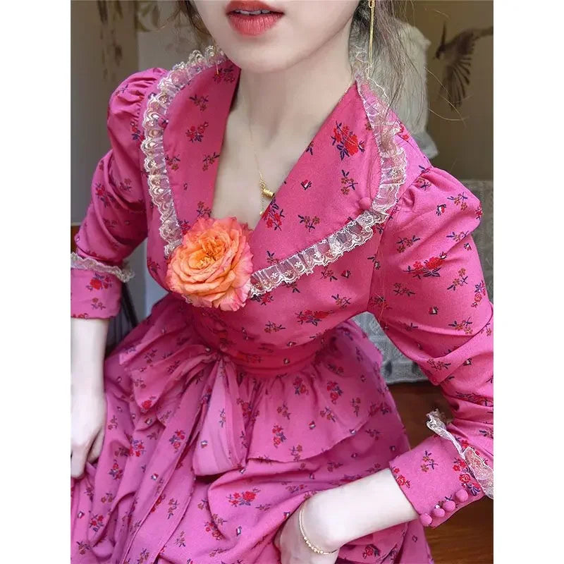 Rose Red Flower Autumn Long Sleeve French Vintage Dress V-neck Waist Cinched Slimming Ruffle Large Swing Long Dress for Women