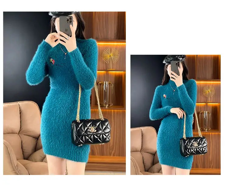 Imitation Mink Fleece Autumn Winter New Plush Slim Sweater Dress Solid Half High Neck Mid Length Embroidered Knit Bottom Dresses