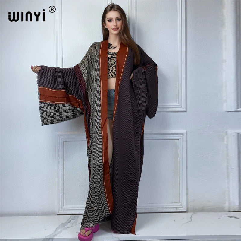 WINYI Africa fashion summer kimono maxi dress cover up beach women Cardigan boho sexy coat Geometric print kaftan beach outfits