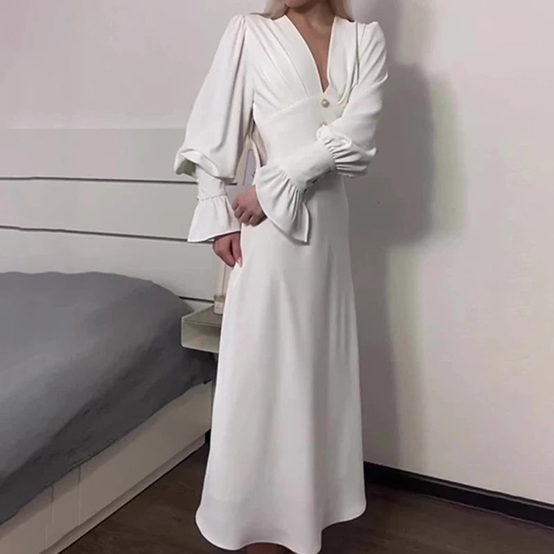 Women's Elegant Deep V-neck Chiffon Party Dress Casual Lantern Sleeves Solid Waist Slim Long Dress Fashion Draped Evening Dress