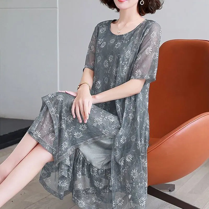 Fashion Casual Irregular Loose Midi Dress Female Clothing Commute Round Neck Summer Short Sleeve Gauze Patchwork A-Line Dresses