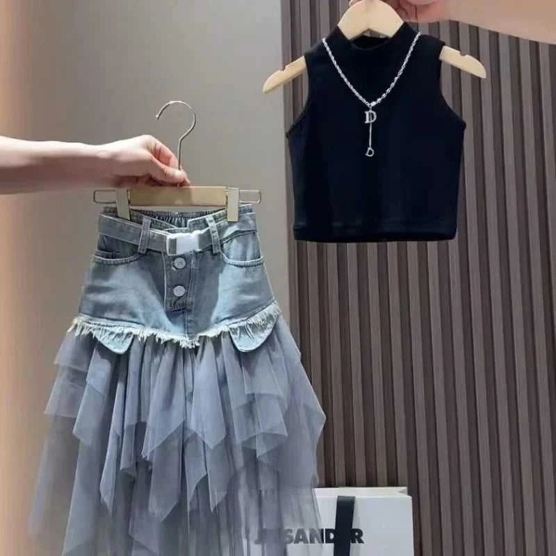 Girls' Summer New Set 2026 Korean Version Baby Girl Tank Top Mesh Splicing Cowboy Skirt Set Kids Summer Set The jack market .AU The jack market .AU Mum & Kids: Essential Products for Every Family $ 62 14:29#WHITE;200000463:200004189#110CM 4Years;200007763:201336100
