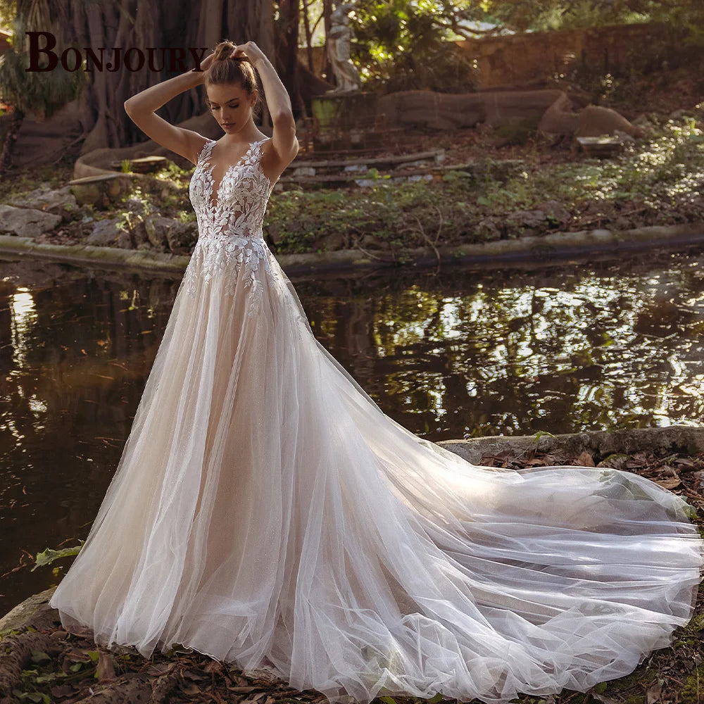 BONJOURY V-neck Satin Wedding Dress with Pockets & Chapel Train for Confident Brides