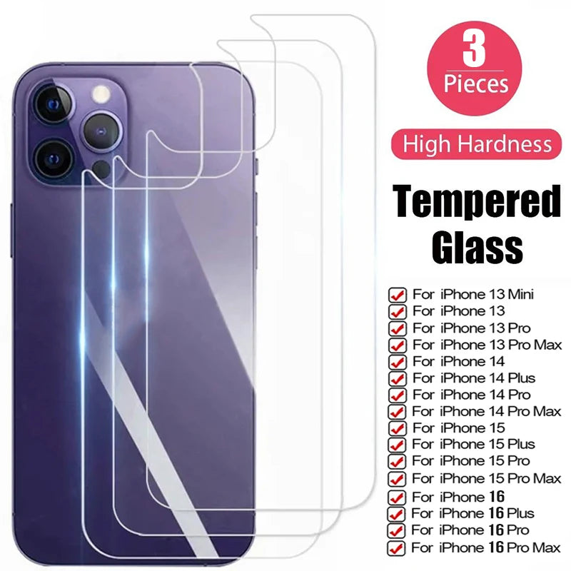 3PCS Back Tempered Glass For iPhone 16E 12 13 Mini 11 13 14 15 16 Pro Max Plus Phones Screen Protector Film