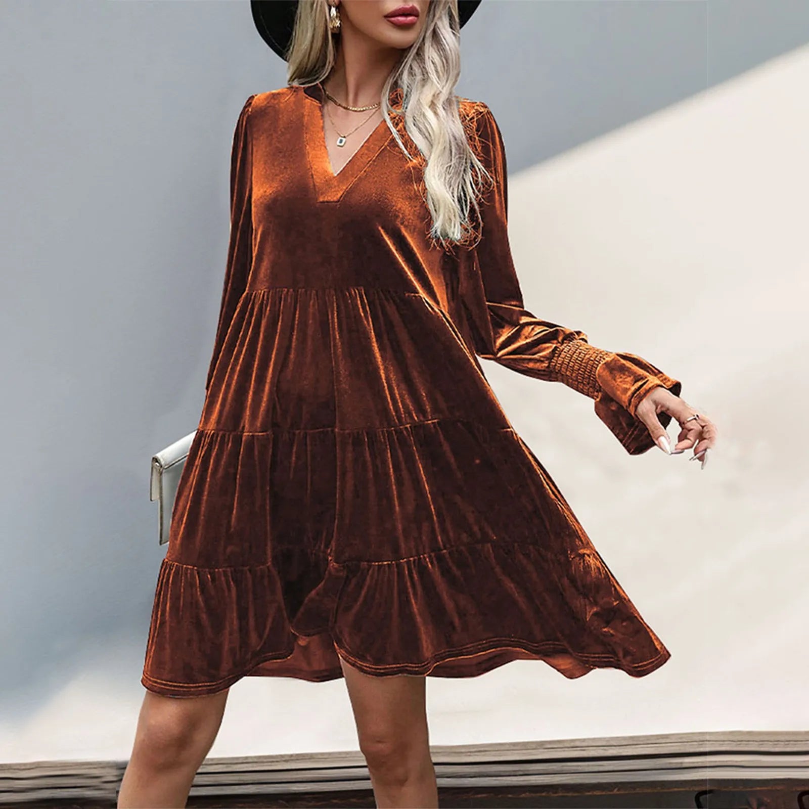 Elegant Vogue Velvet Midi Dress - Long Sleeve V-Neck, High Waist, Chic Style for Evening Parties & Christmas Celebrations